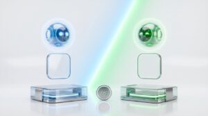 Dos agentes de IA frente a frente, uno con brillo azul y otro verde, separados por un símbolo de versus