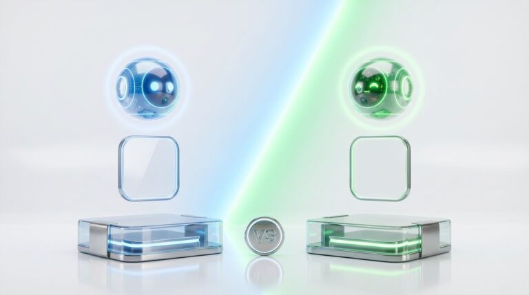 Dos agentes de IA frente a frente, uno con brillo azul y otro verde, separados por un símbolo de versus