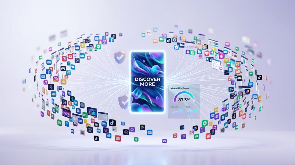 Anuncio de video vertical conectado con una constelación de pequeñas ventanas de apps, un escudo de seguridad y un panel de medición