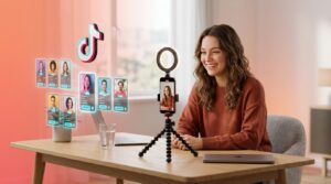 Creadora de contenido grabando con el teléfono mientras un panel holográfico de búsqueda muestra perfiles coincidentes