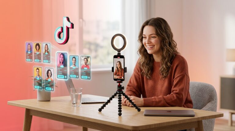 Creadora de contenido grabando con el teléfono mientras un panel holográfico de búsqueda muestra perfiles coincidentes