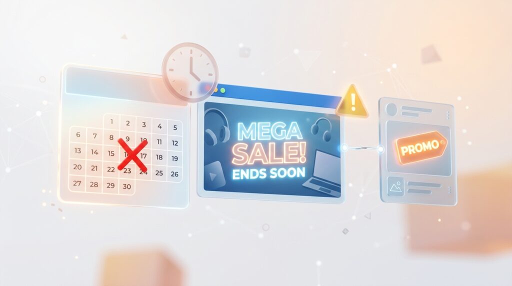 Calendario con una fecha tachada junto a un banner de oferta activo y un anuncio que sigue mostrando la promoción con una alerta