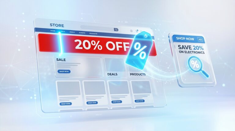 Página web con banner de descuento escaneado por un haz de luz que convierte la oferta en una etiqueta de promoción dentro de un anuncio