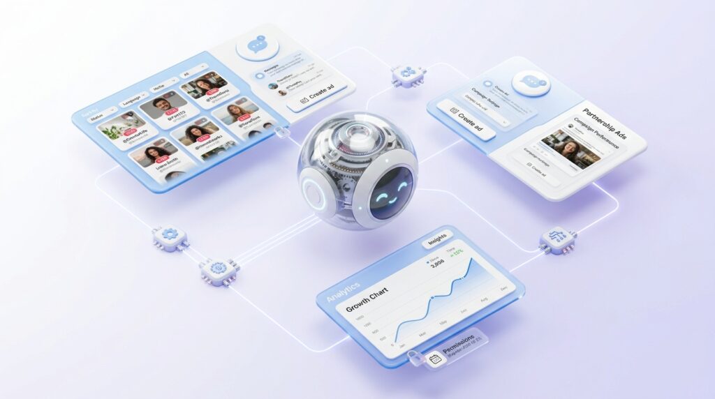 Asistente de IA conectado con tarjetas de búsqueda de creadores, Partnership Ads y analítica mediante conectores API