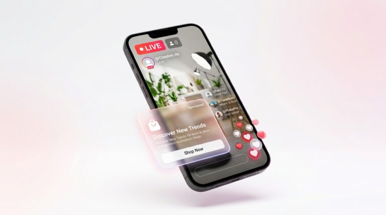 teléfono con una transmisión en vivo de Instagram de la que sale una tarjeta de anuncio patrocinado