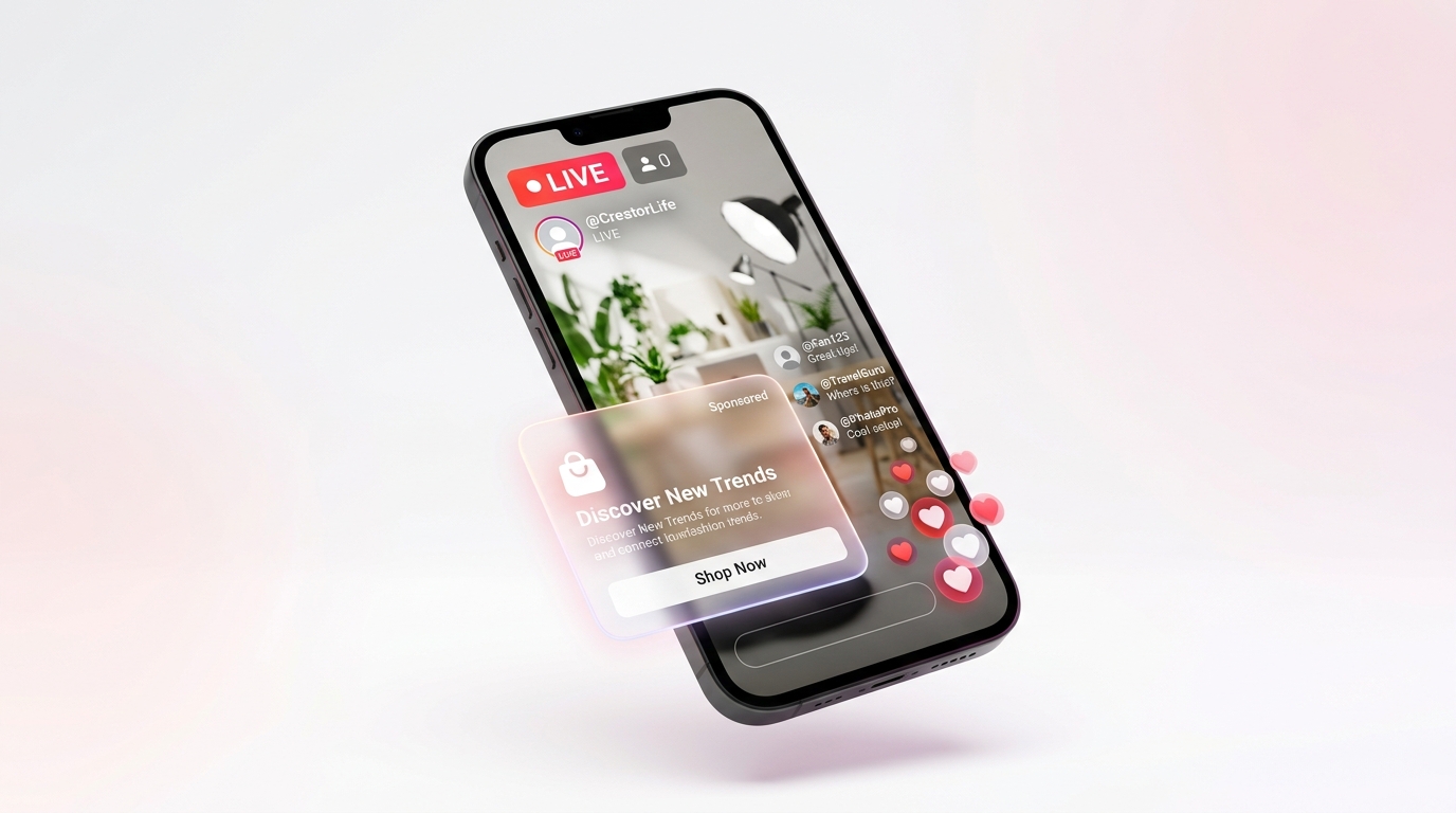 teléfono con una transmisión en vivo de Instagram de la que sale una tarjeta de anuncio patrocinado