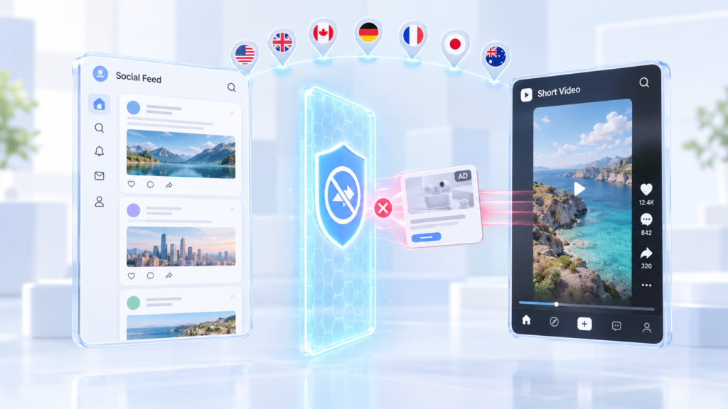 Dos ventanas de apps separadas por una barrera con escudo que detiene una tarjeta de anuncio, con siete marcadores de ubicación arriba