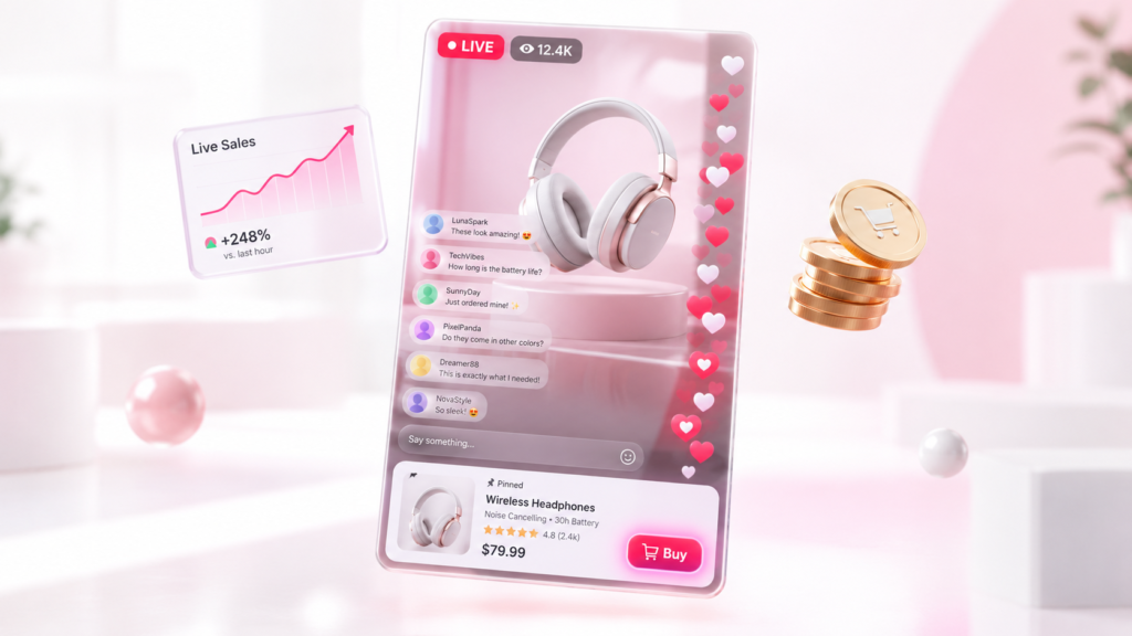 Interfaz de transmisión en vivo vertical con insignia LIVE, chat, reacciones y una tarjeta de producto con botón de compra junto a un gráfico de ventas